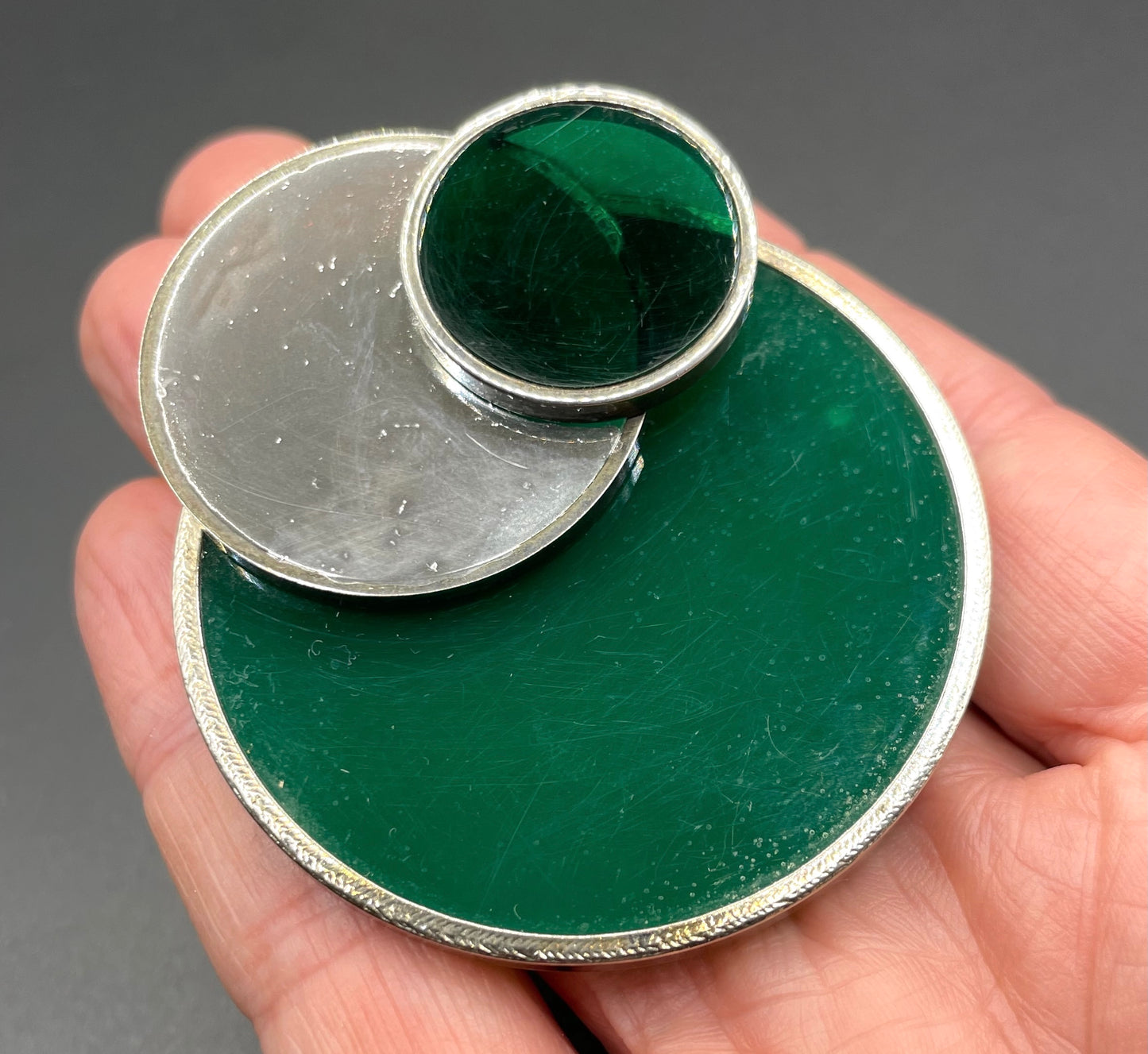 Vintage large Art Deco Bauhaus design green glass and silver tone (probably low grade silver) brooch with trombone clasp