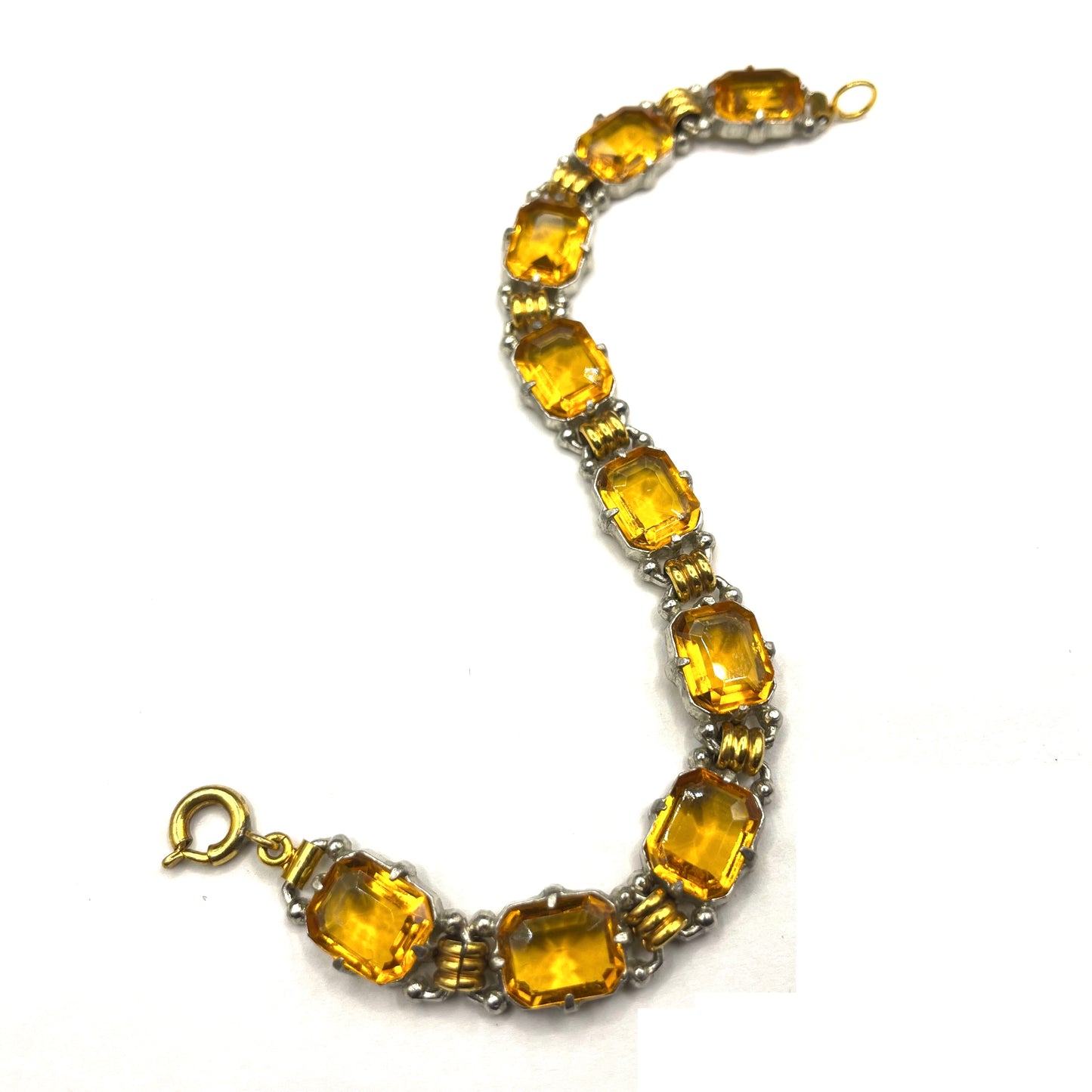 Vintage Art Deco citrine / topaz orange Czech rhinestone bracelet with bi-colour gold and silver tone, including large open-backed stones