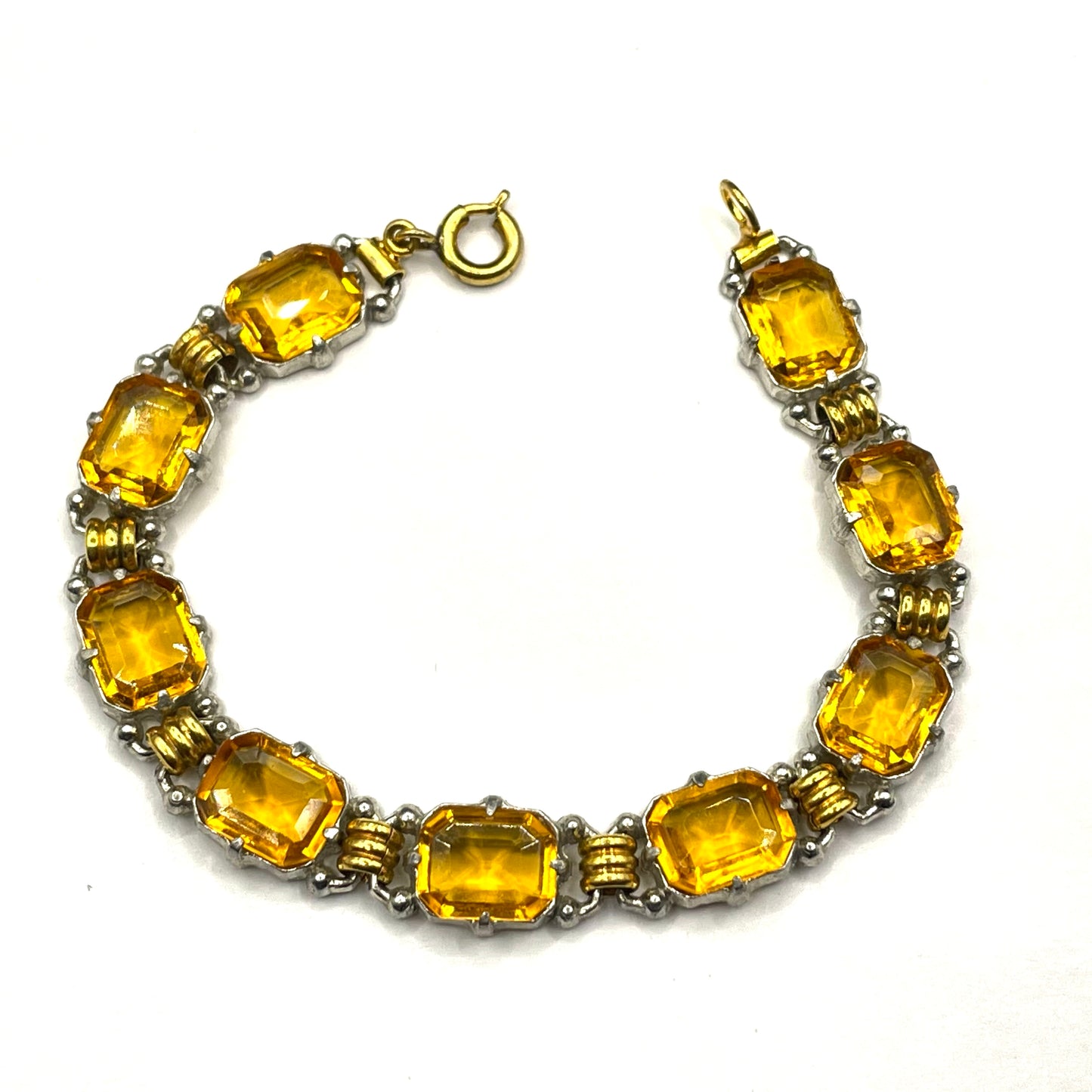 Vintage Art Deco citrine / topaz orange Czech rhinestone bracelet with bi-colour gold and silver tone, including large open-backed stones