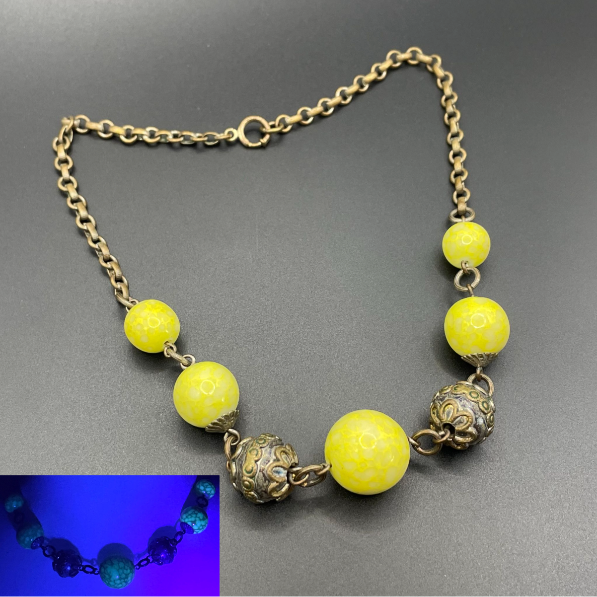 Vintage uranium glass Art Deco necklace - bright yellow marbled uranium glass UV sensitive beads, brass chain and beads