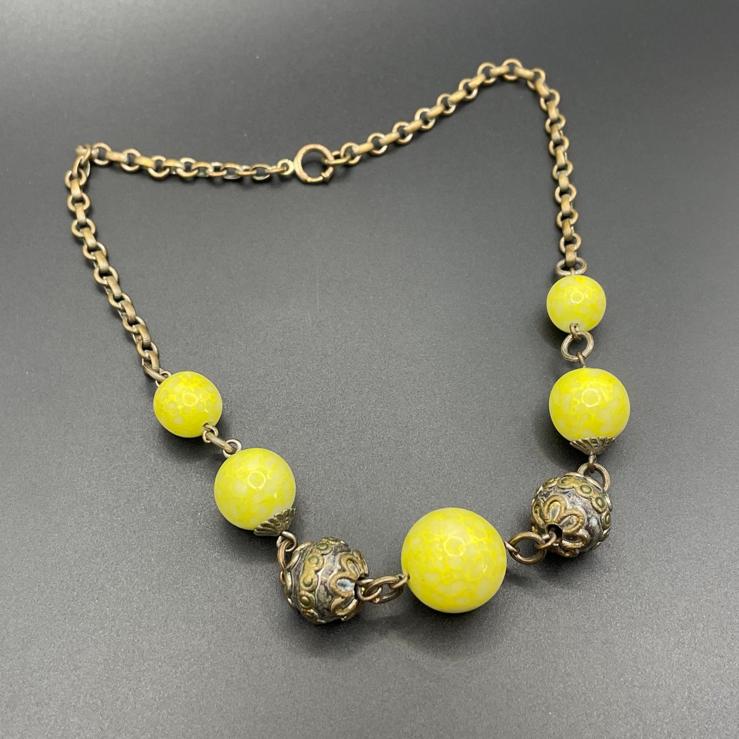 Vintage uranium glass Art Deco necklace - bright yellow marbled uranium glass UV sensitive beads, brass chain and beads