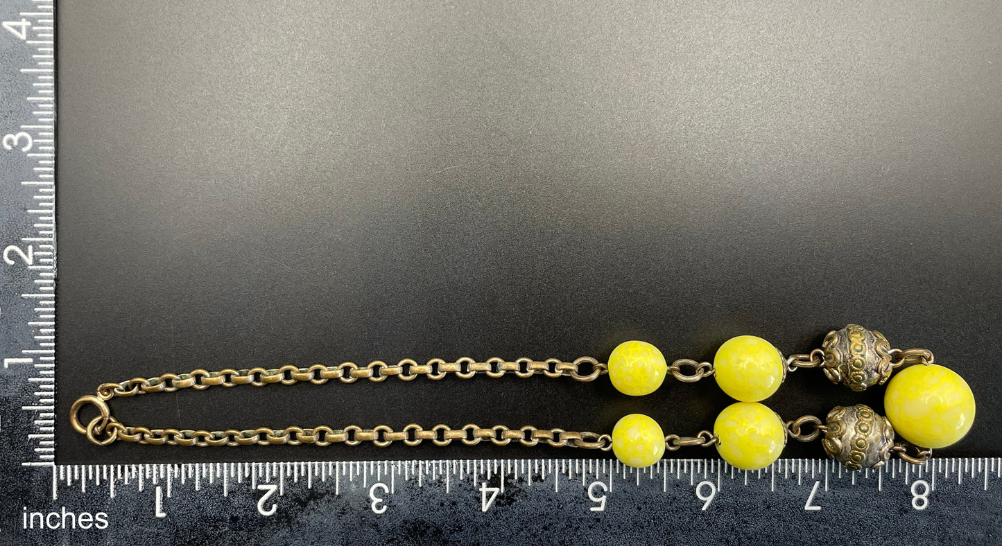 Vintage uranium glass Art Deco necklace - bright yellow marbled uranium glass UV sensitive beads, brass chain and beads
