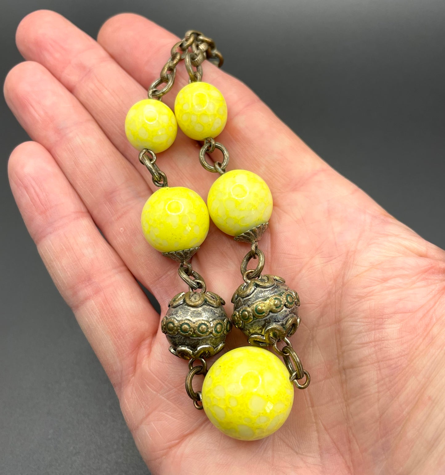 Vintage uranium glass Art Deco necklace - bright yellow marbled uranium glass UV sensitive beads, brass chain and beads