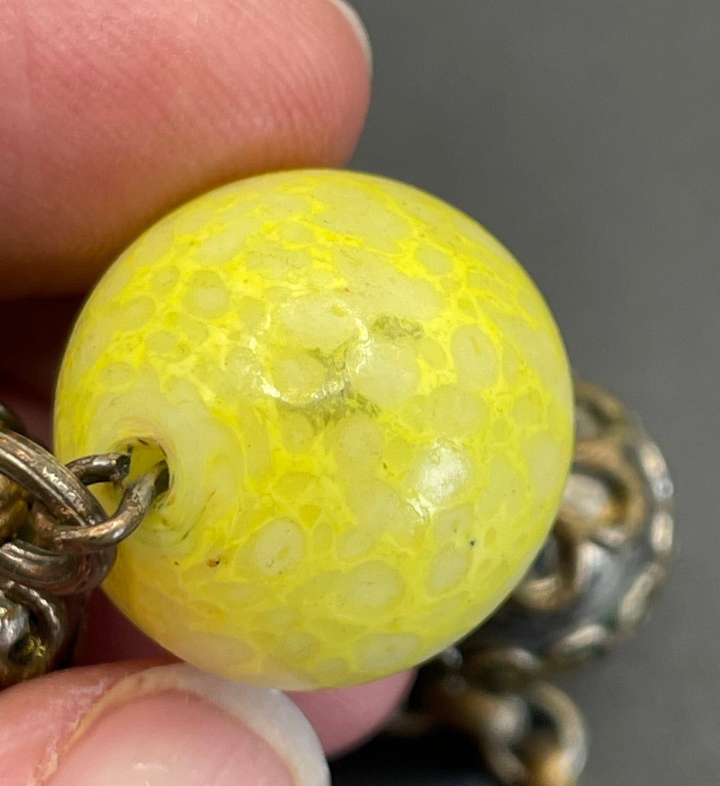 Vintage uranium glass Art Deco necklace - bright yellow marbled uranium glass UV sensitive beads, brass chain and beads