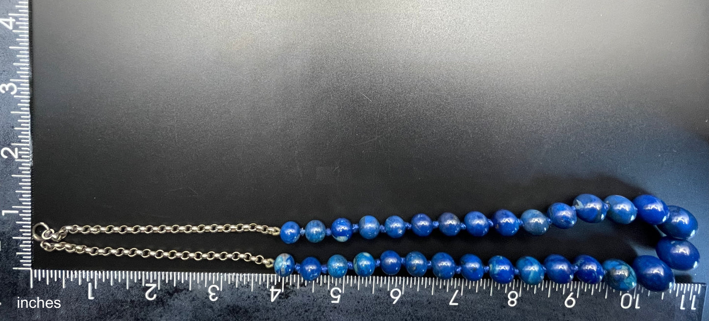 Vintage / antique lapis lazuli blue bead gemstone necklace with unmarked sterling silver belcher chain sections, 48 grams