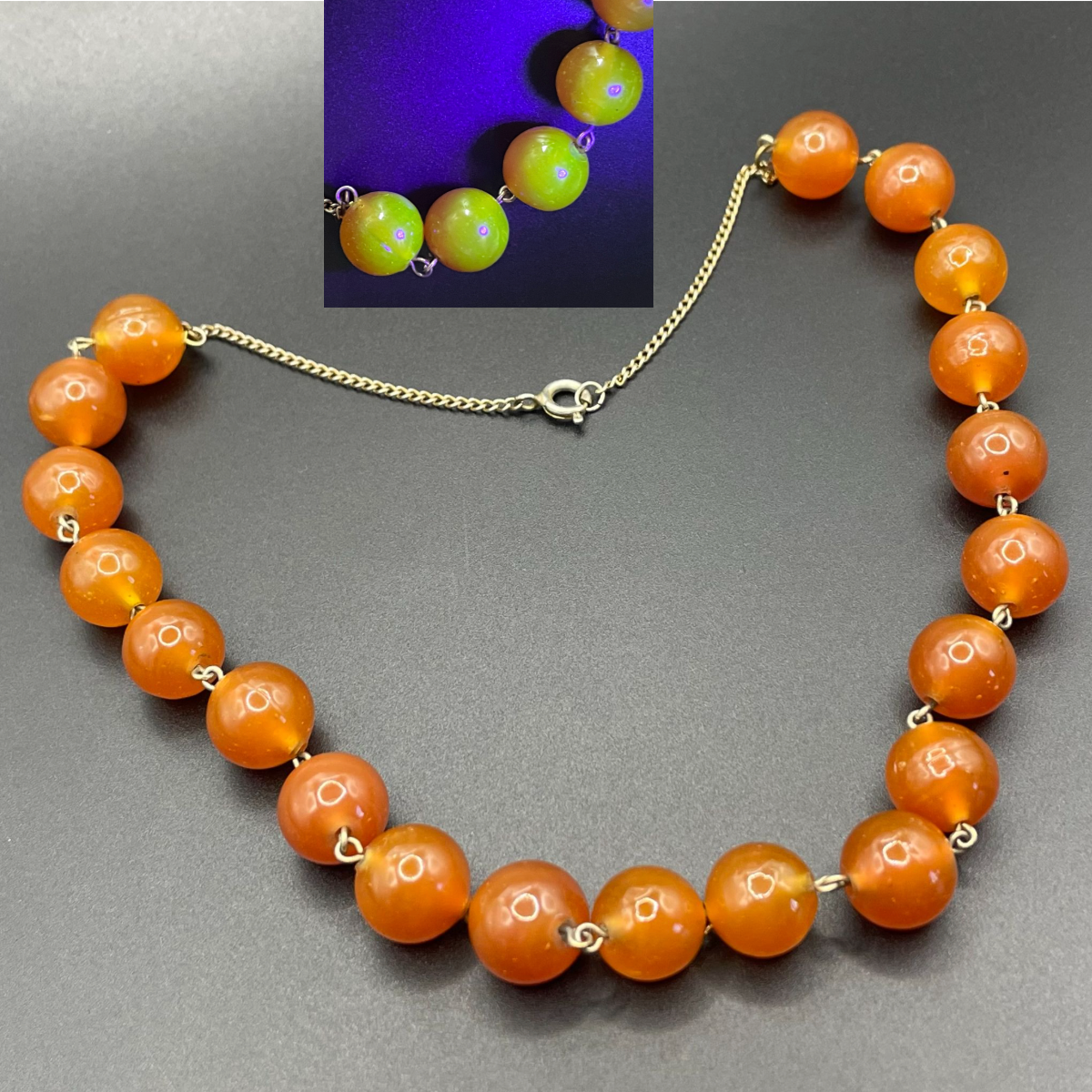 Vintage Art Deco uranium glass Carnelian coloured beaded necklace, lovely orange beads that glow yellow under UV light
