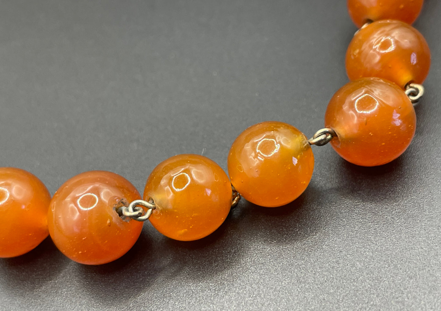 Vintage Art Deco uranium glass Carnelian coloured beaded necklace, lovely orange beads that glow yellow under UV light