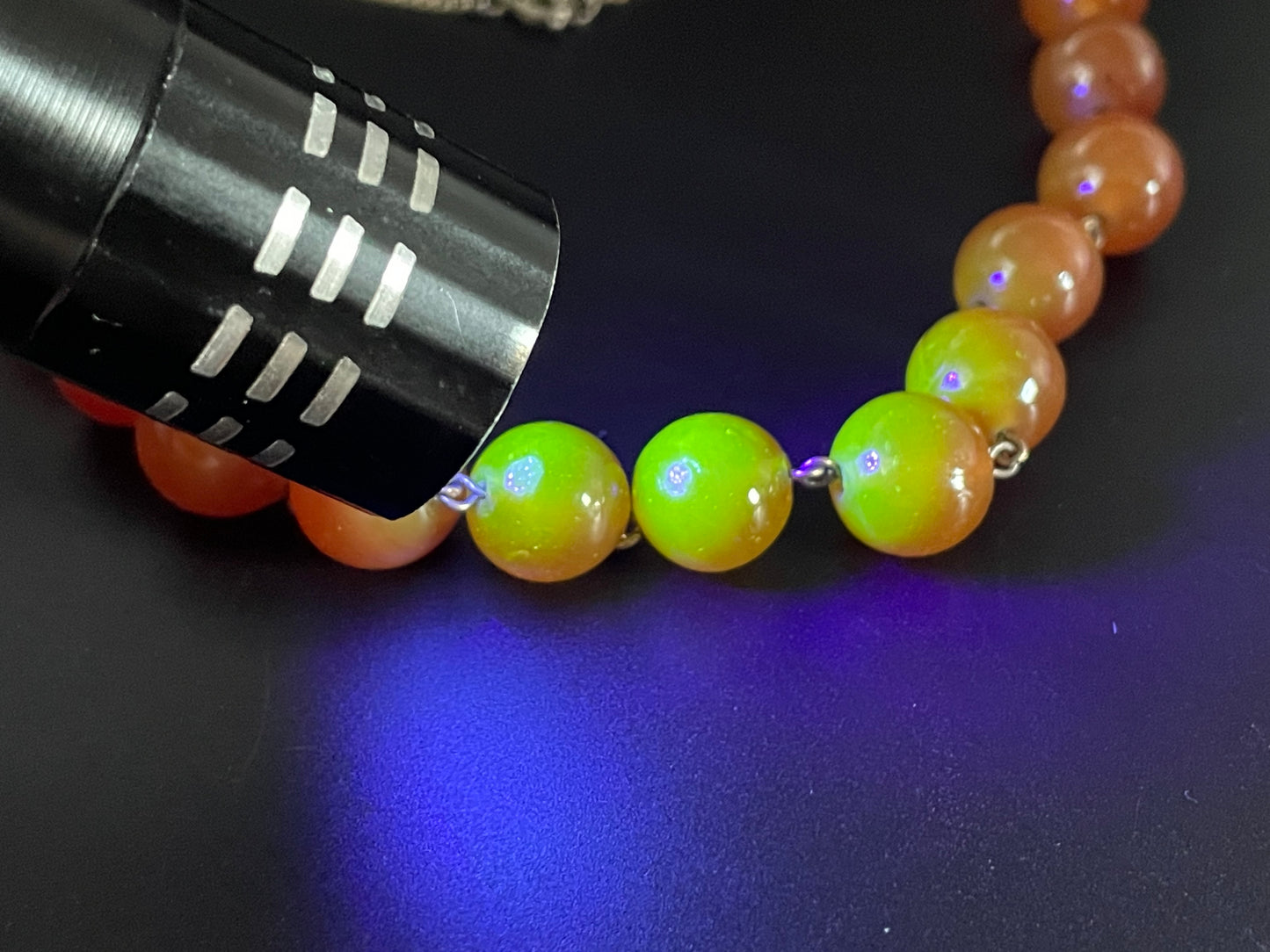 Vintage Art Deco uranium glass Carnelian coloured beaded necklace, lovely orange beads that glow yellow under UV light