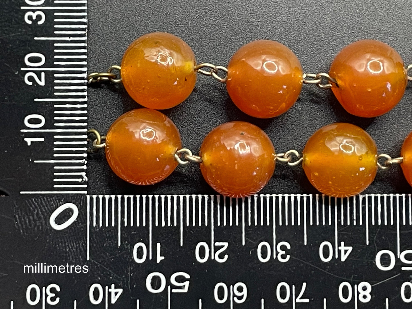 Vintage Art Deco uranium glass Carnelian coloured beaded necklace, lovely orange beads that glow yellow under UV light