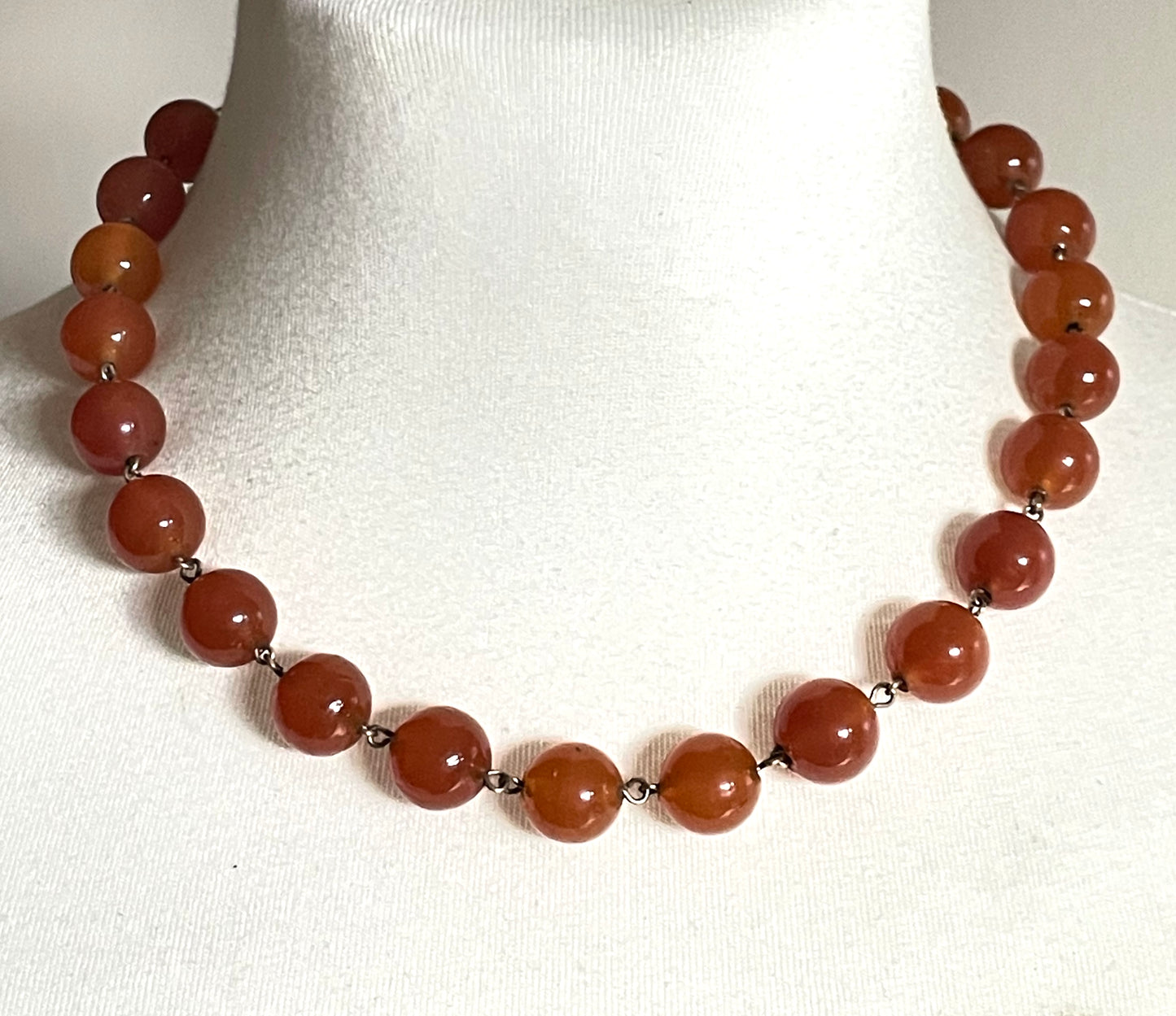 Vintage Art Deco uranium glass Carnelian coloured beaded necklace, lovely orange beads that glow yellow under UV light