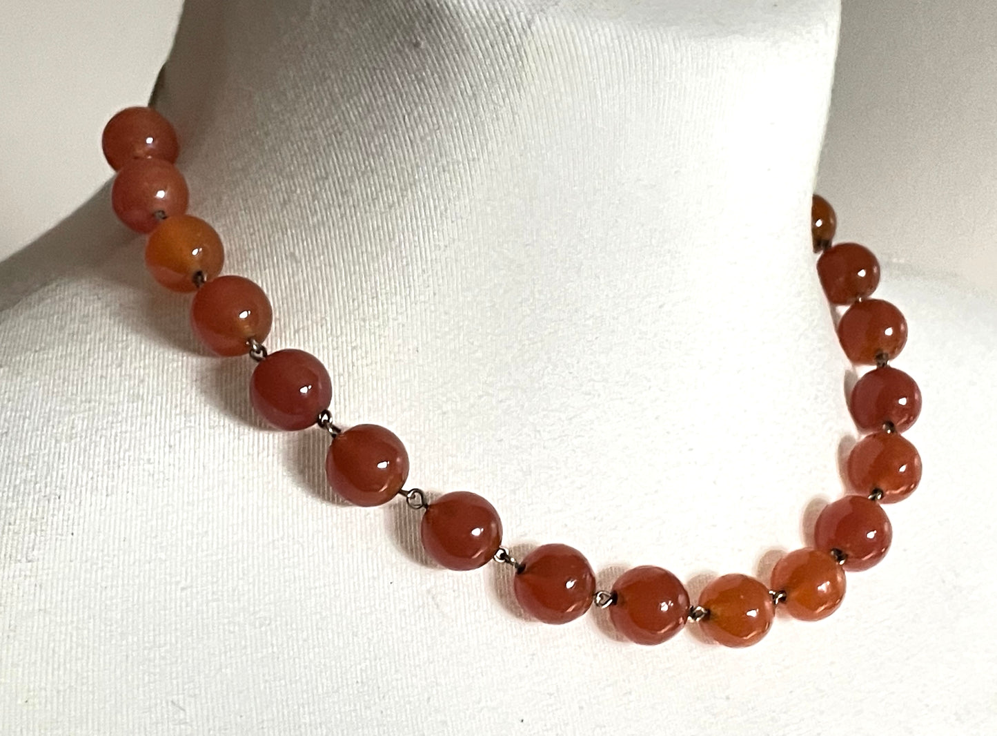 Vintage Art Deco uranium glass Carnelian coloured beaded necklace, lovely orange beads that glow yellow under UV light