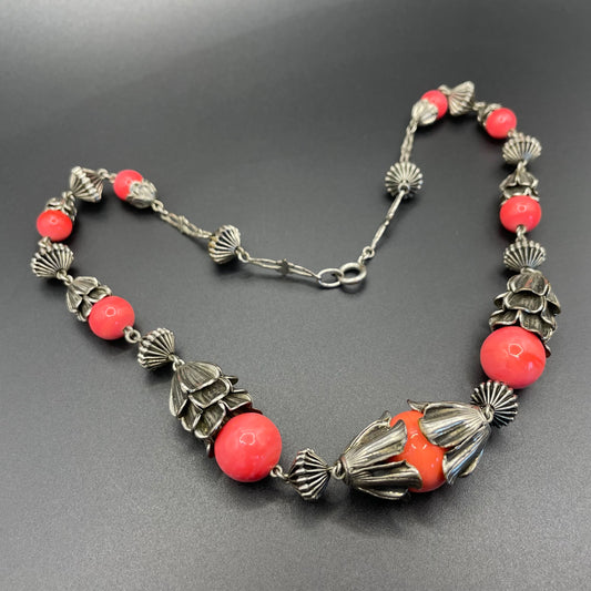 Vintage Jakob Bengel Art Deco machine age silver tone / chrome and coral pinky orange glass bead chunky geometric statement necklace
