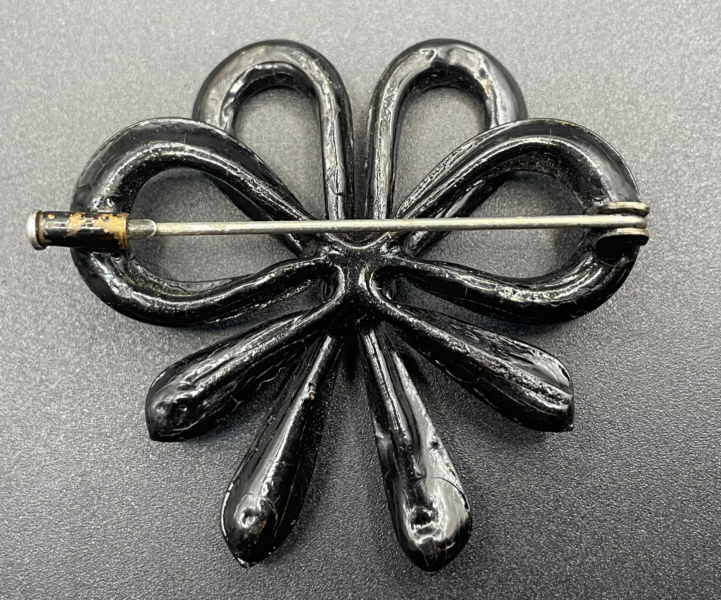 Antique French jet bow brooch - Victorian Vauxhall glass, black ribbon design all in moulded / poured glass with faceted glass centre