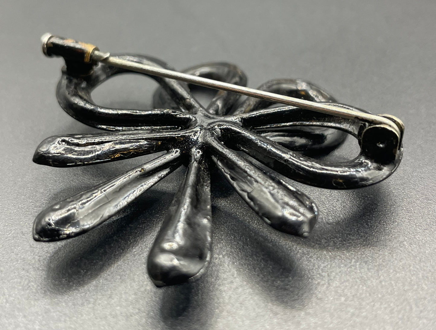 Antique French jet bow brooch - Victorian Vauxhall glass, black ribbon design all in moulded / poured glass with faceted glass centre
