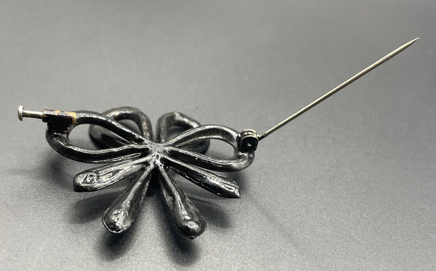 Antique French jet bow brooch - Victorian Vauxhall glass, black ribbon design all in moulded / poured glass with faceted glass centre