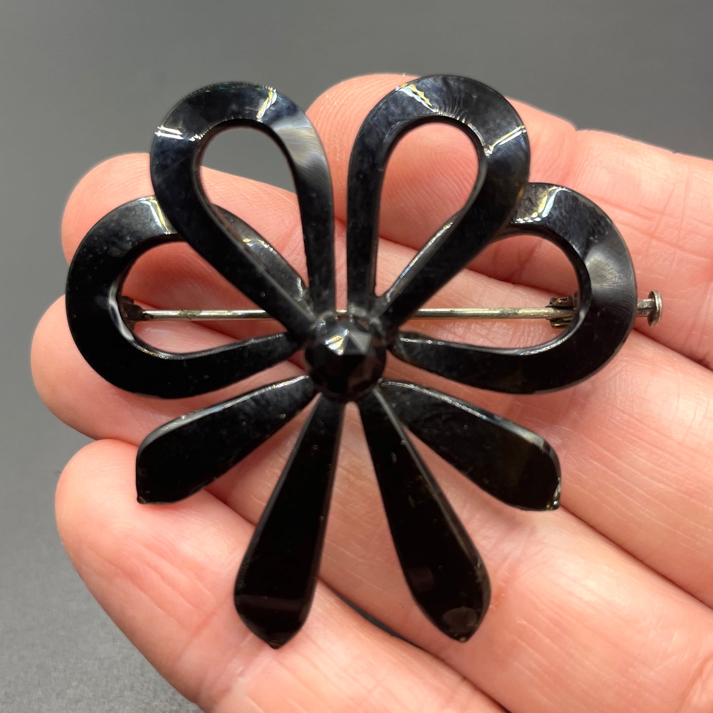 Antique French jet bow brooch - Victorian Vauxhall glass, black ribbon design all in moulded / poured glass with faceted glass centre