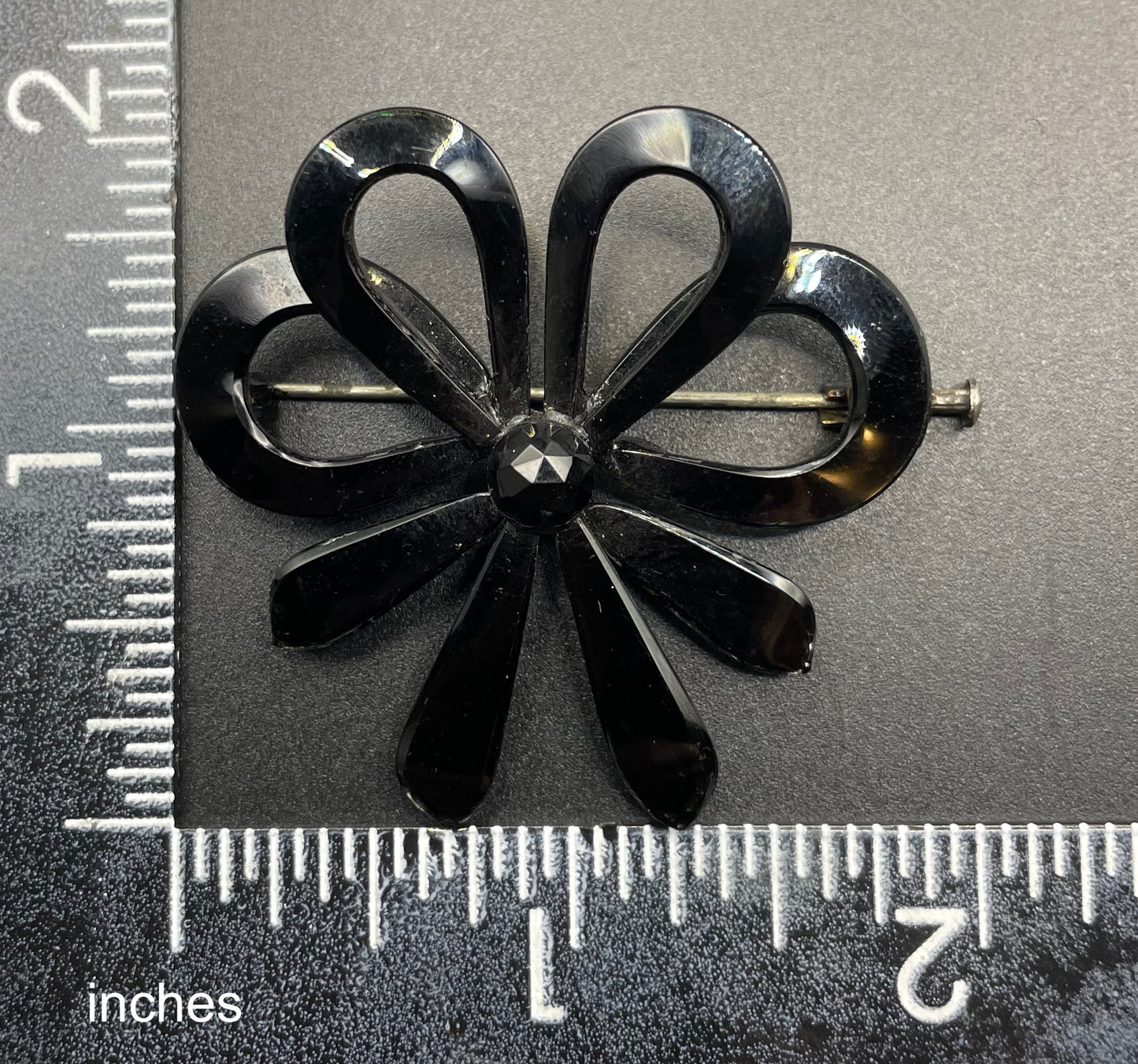 Antique French jet bow brooch - Victorian Vauxhall glass, black ribbon design all in moulded / poured glass with faceted glass centre