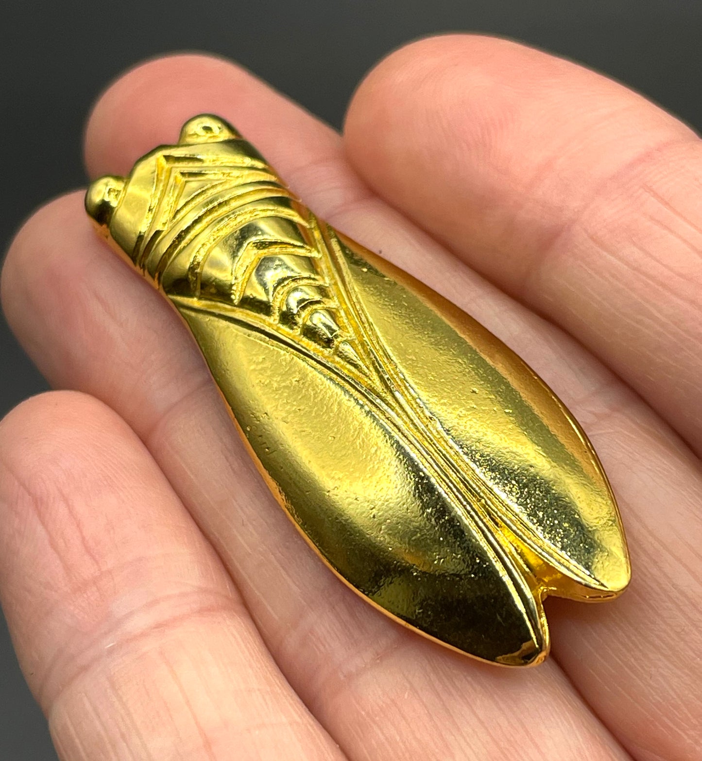 Vintage gold tone cicada brooch, signed Les Olivades, Egyptian revival