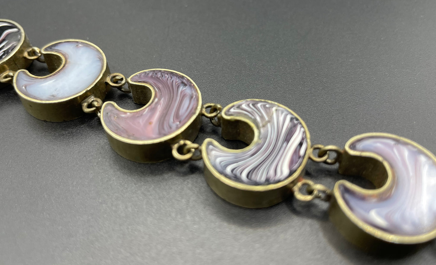 Antique Victorian double-sided agate and malachite crescent moon panel bracelet with beautiful padlock clasp