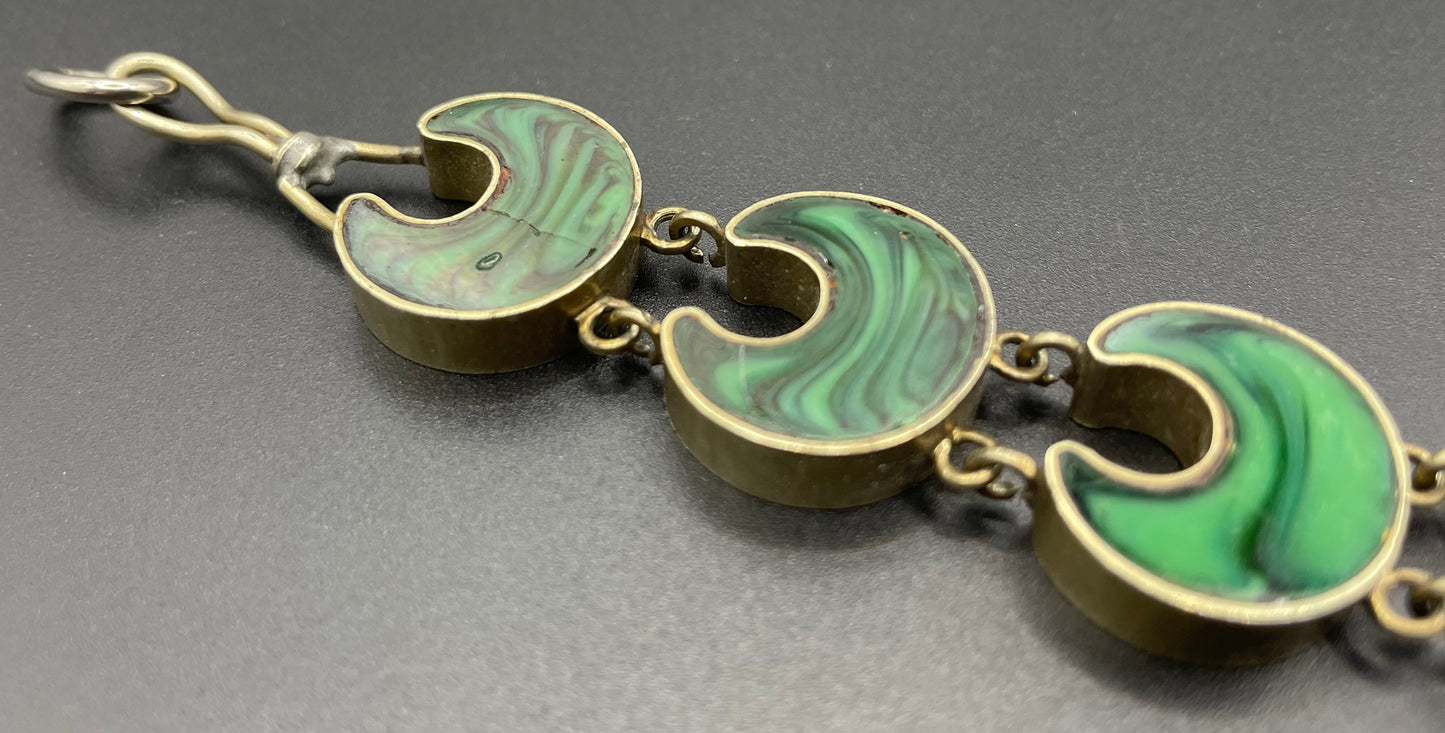 Antique Victorian double-sided agate and malachite crescent moon panel bracelet with beautiful padlock clasp