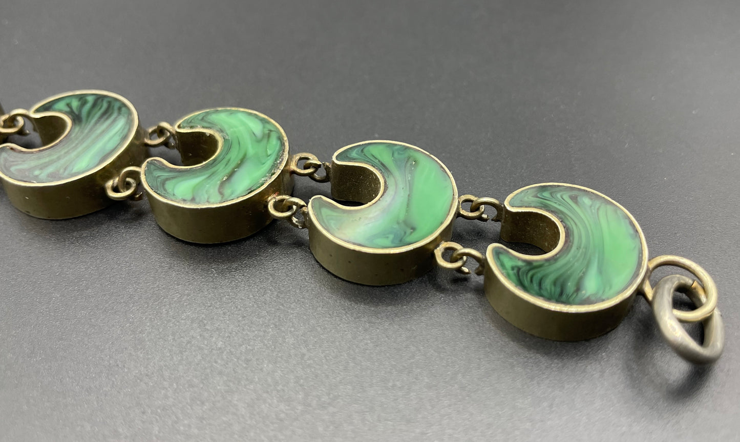 Antique Victorian double-sided agate and malachite crescent moon panel bracelet with beautiful padlock clasp