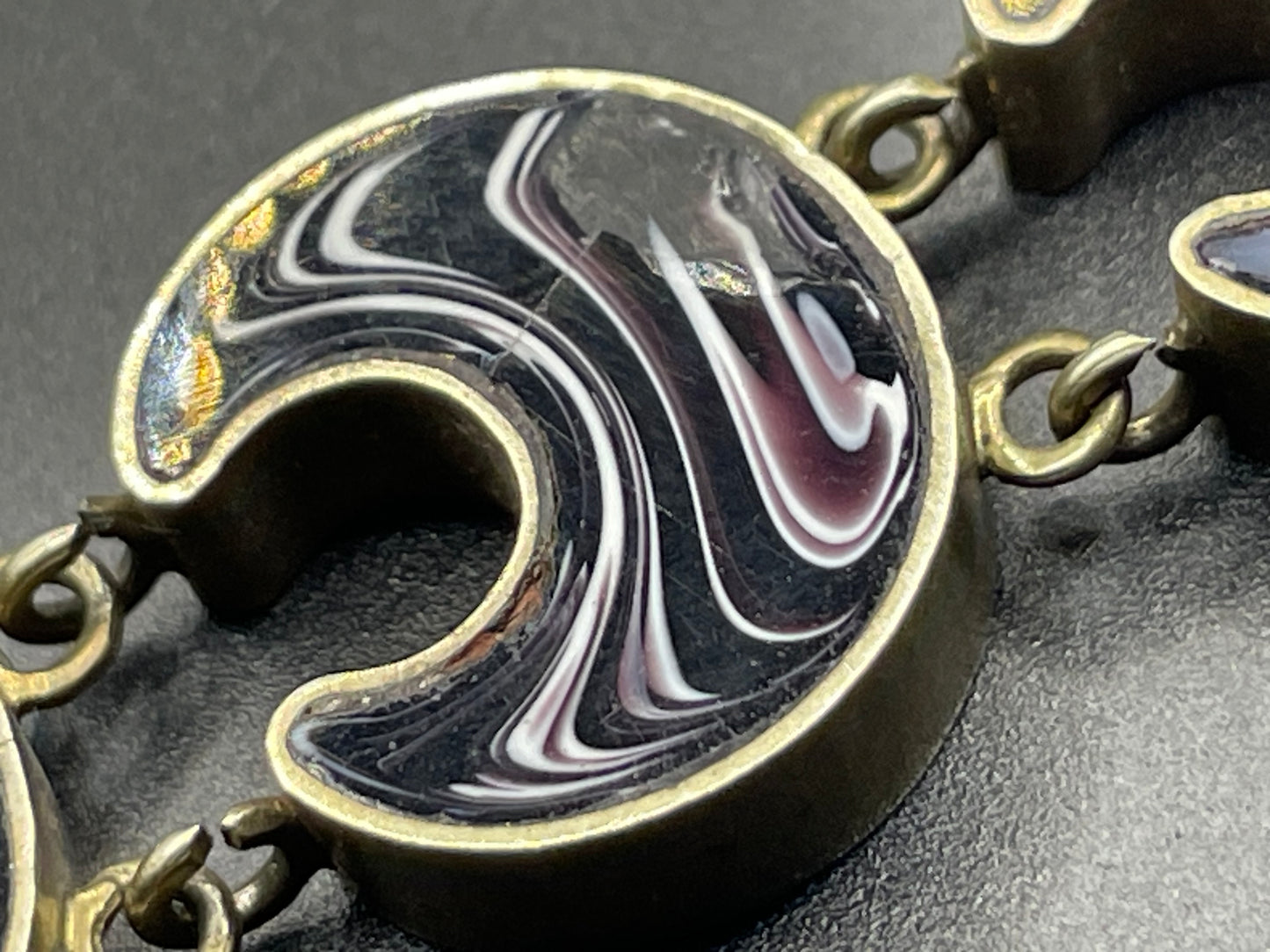 Antique Victorian double-sided agate and malachite crescent moon panel bracelet with beautiful padlock clasp