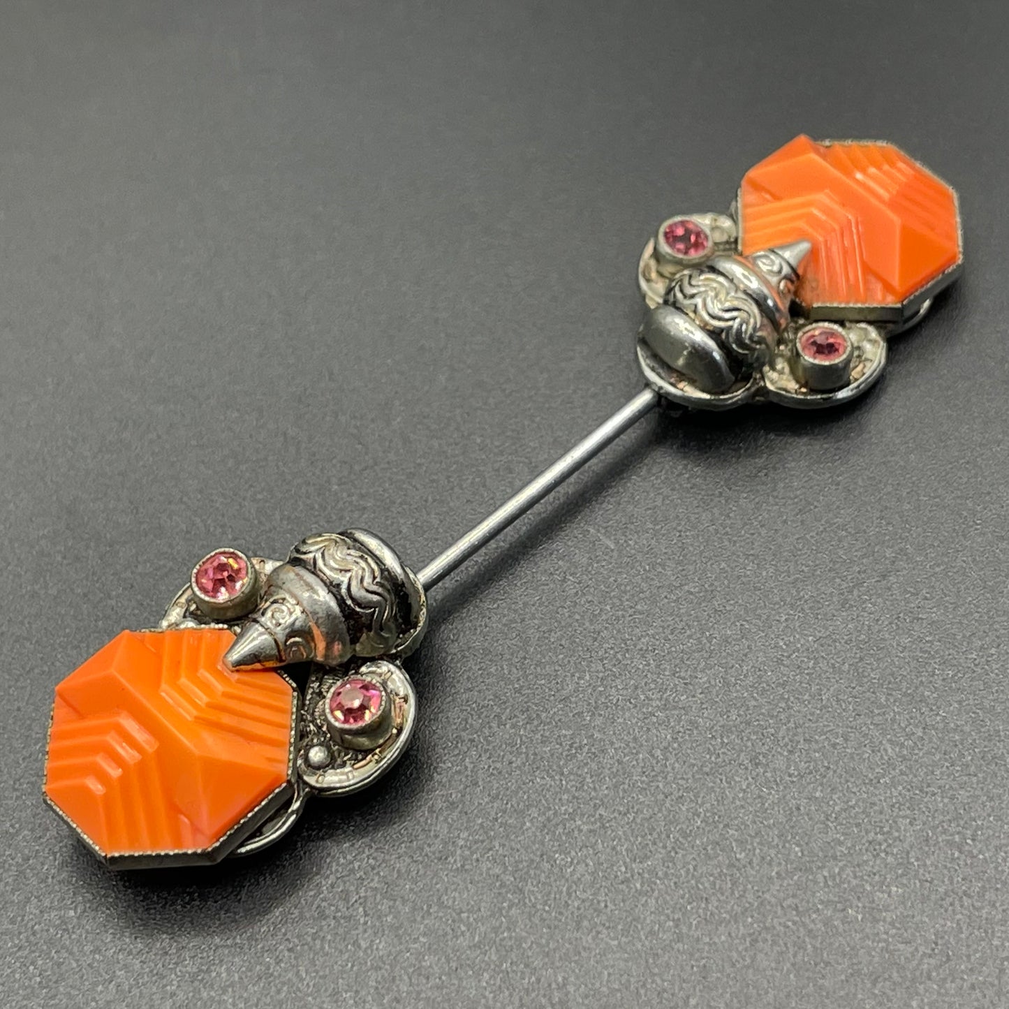Vintage Max Neiger Art Deco Czech paste jabot pin, orange moulded glass and ruby pink rhinestone in silver tone, Neiger brothers