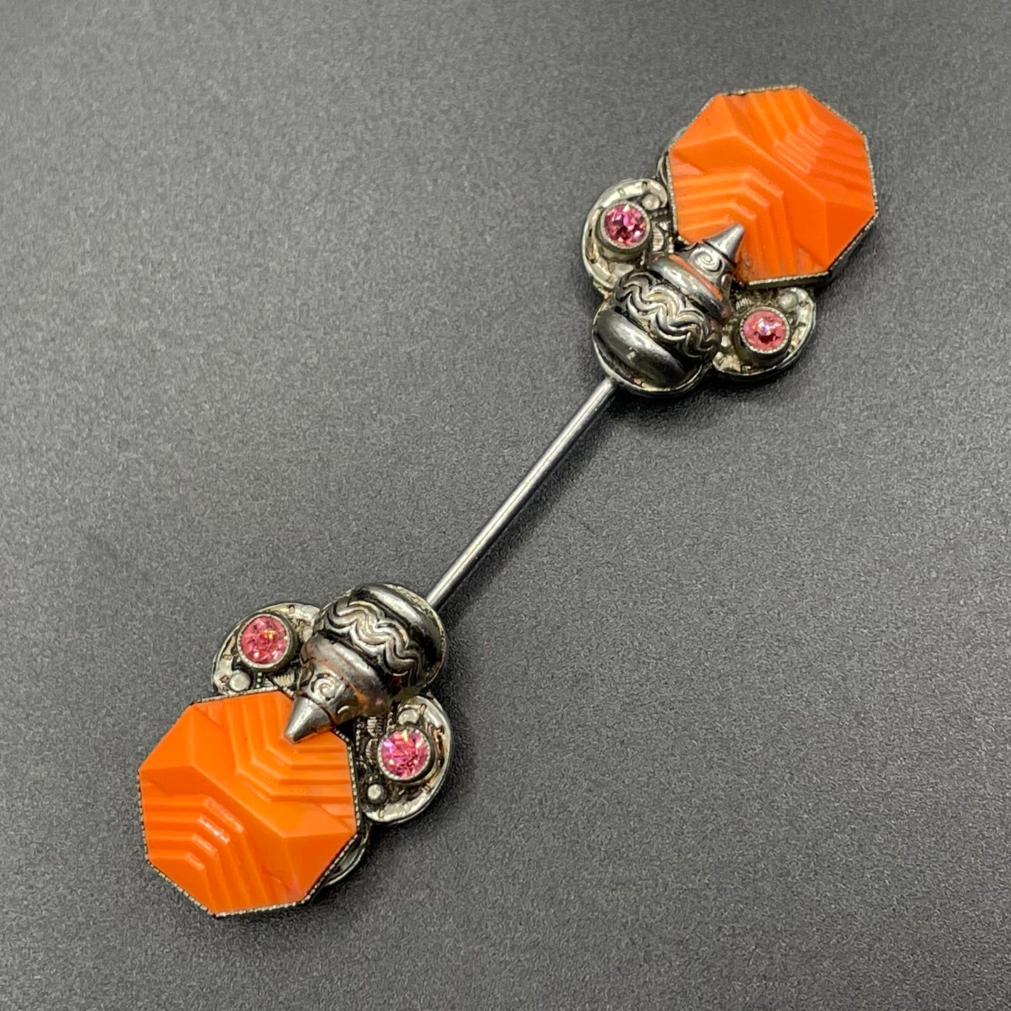 Vintage Max Neiger Art Deco Czech paste jabot pin, orange moulded glass and ruby pink rhinestone in silver tone, Neiger brothers
