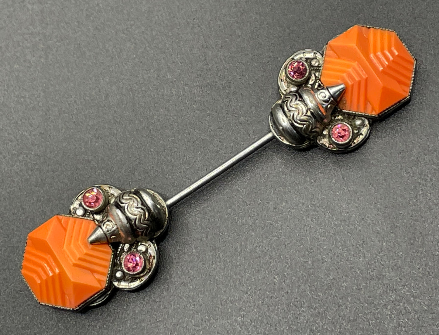 Vintage Max Neiger Art Deco Czech paste jabot pin, orange moulded glass and ruby pink rhinestone in silver tone, Neiger brothers