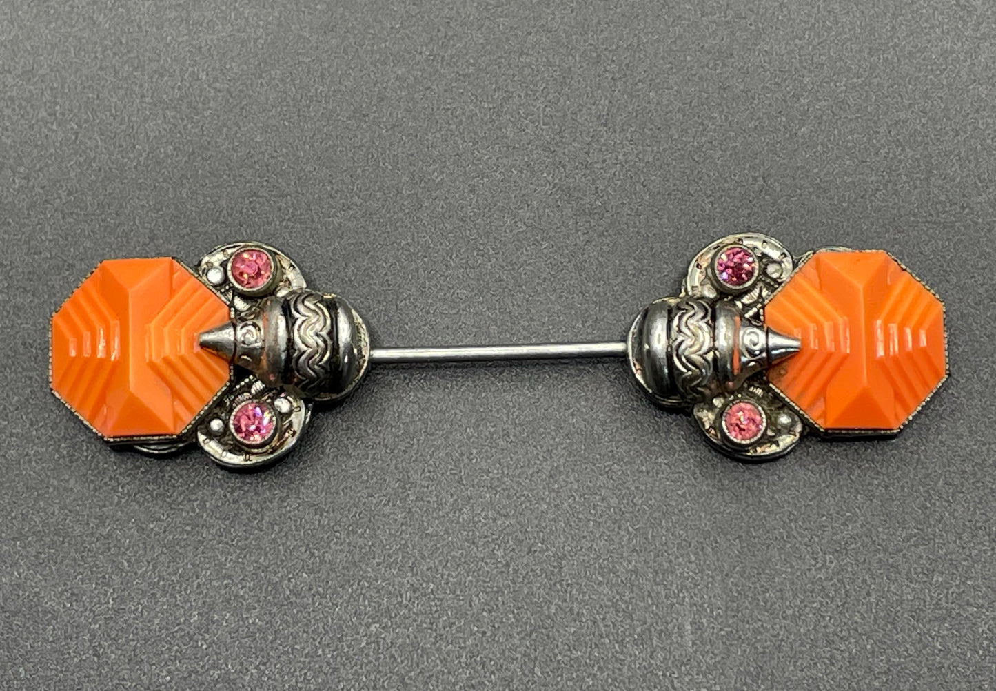 Vintage Max Neiger Art Deco Czech paste jabot pin, orange moulded glass and ruby pink rhinestone in silver tone, Neiger brothers