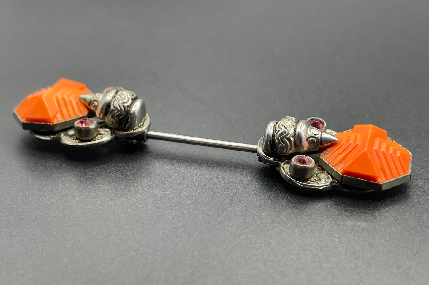 Vintage Max Neiger Art Deco Czech paste jabot pin, orange moulded glass and ruby pink rhinestone in silver tone, Neiger brothers