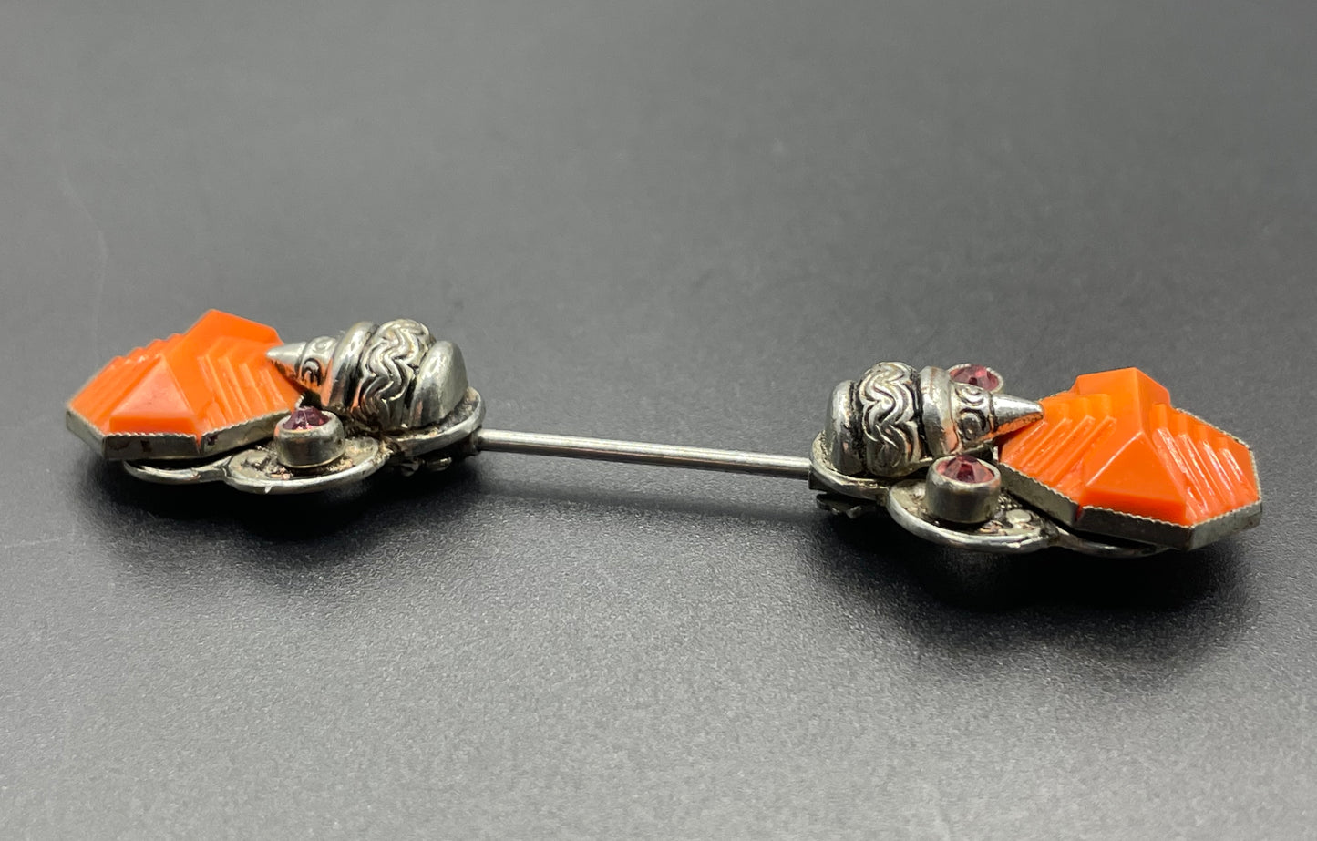 Vintage Max Neiger Art Deco Czech paste jabot pin, orange moulded glass and ruby pink rhinestone in silver tone, Neiger brothers