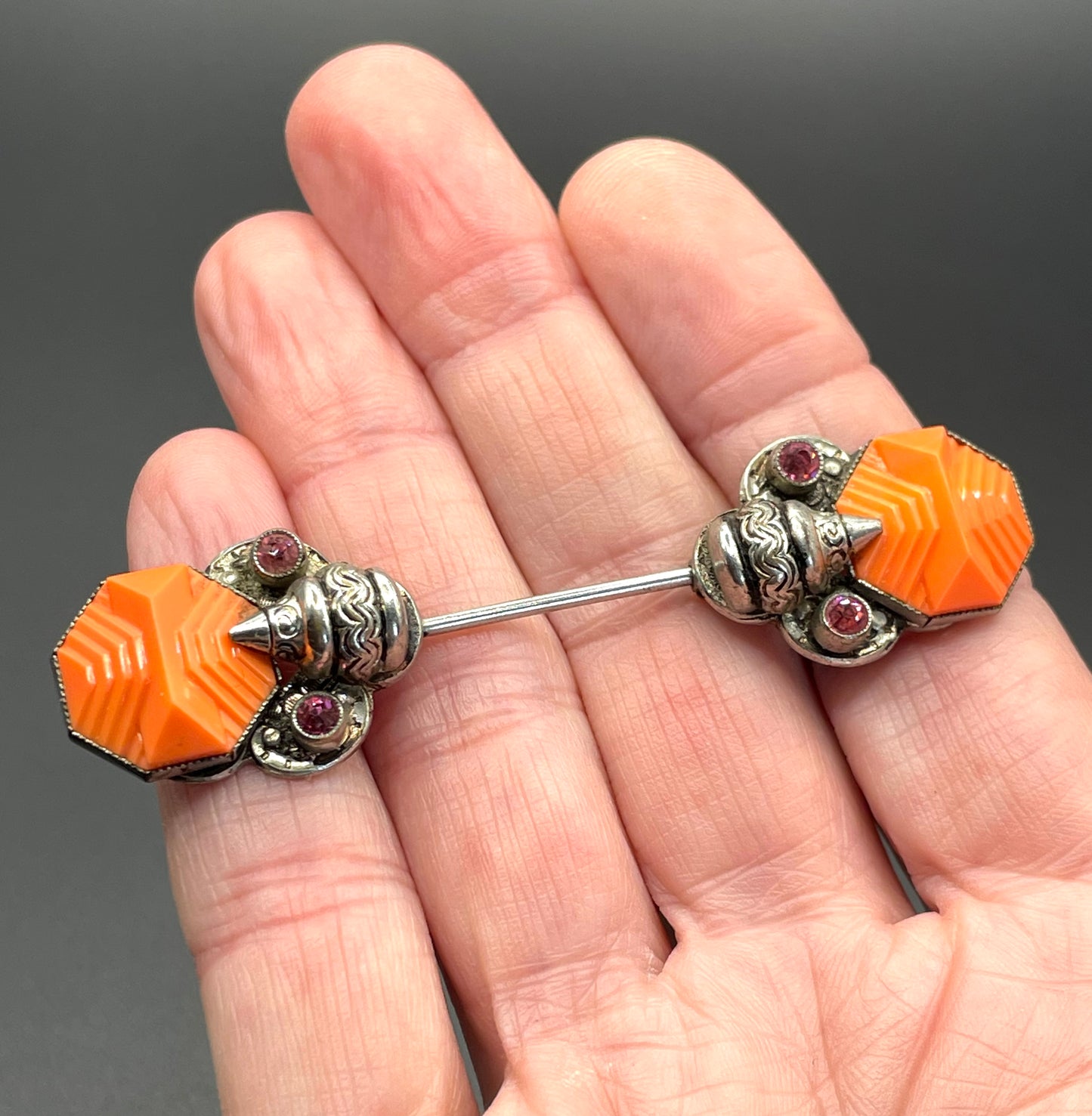 Vintage Max Neiger Art Deco Czech paste jabot pin, orange moulded glass and ruby pink rhinestone in silver tone, Neiger brothers