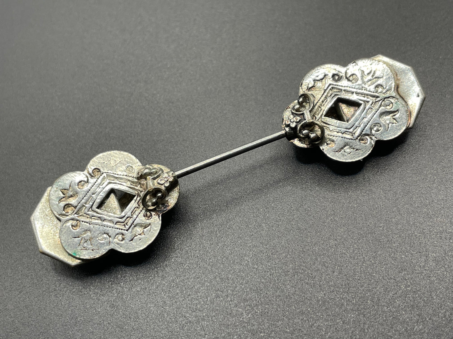 Vintage Max Neiger Art Deco Czech paste jabot pin, orange moulded glass and ruby pink rhinestone in silver tone, Neiger brothers