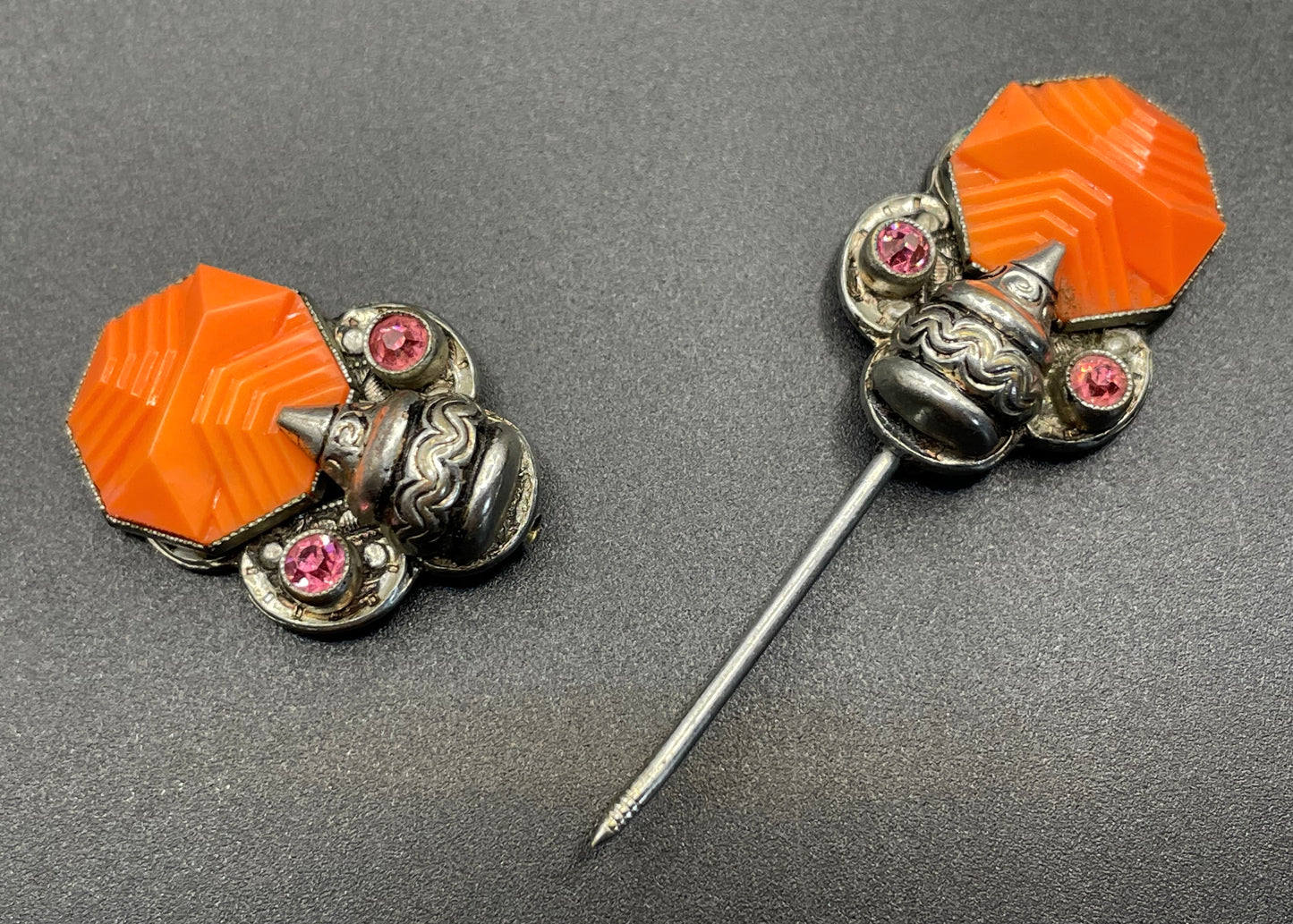 Vintage Max Neiger Art Deco Czech paste jabot pin, orange moulded glass and ruby pink rhinestone in silver tone, Neiger brothers
