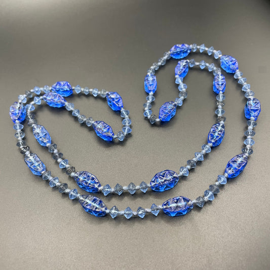Vintage moulded pressed glass sapphire blue bead flapper necklace mid to longer length