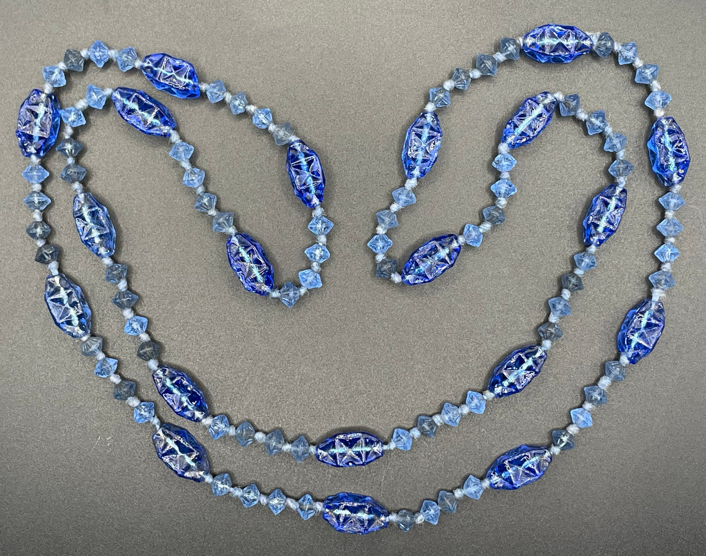 Vintage moulded pressed glass sapphire blue bead flapper necklace mid to longer length