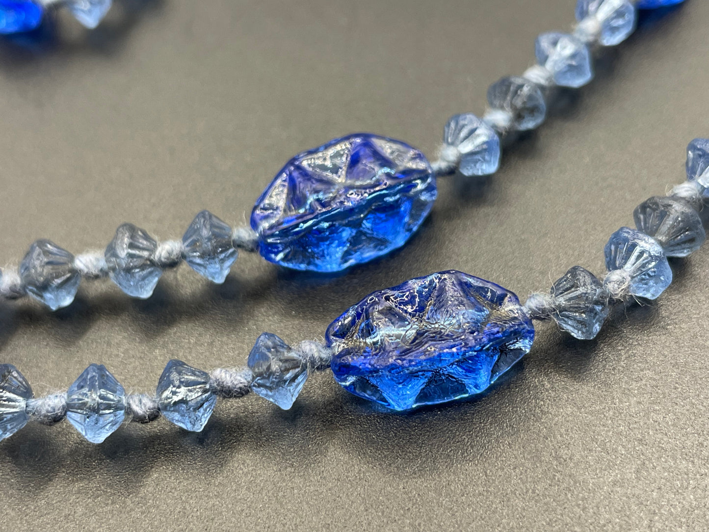 Vintage moulded pressed glass sapphire blue bead flapper necklace mid to longer length