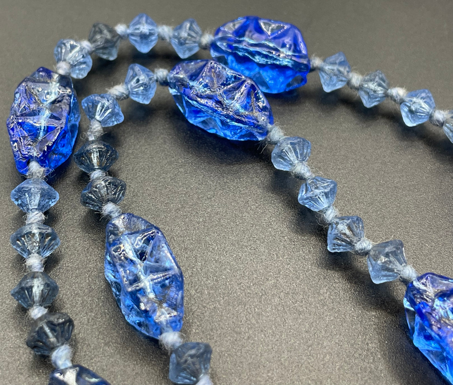 Vintage moulded pressed glass sapphire blue bead flapper necklace mid to longer length