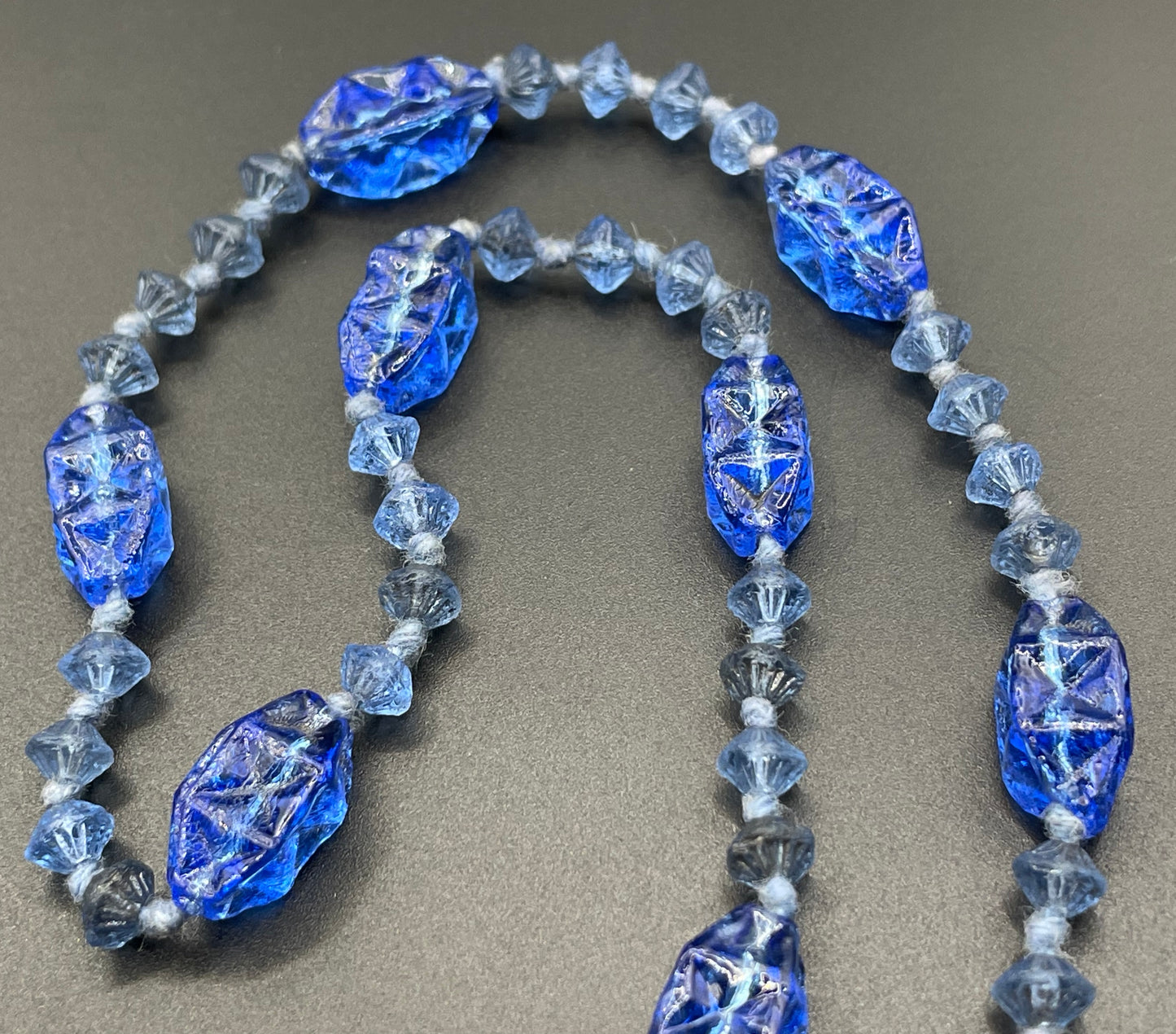 Vintage moulded pressed glass sapphire blue bead flapper necklace mid to longer length