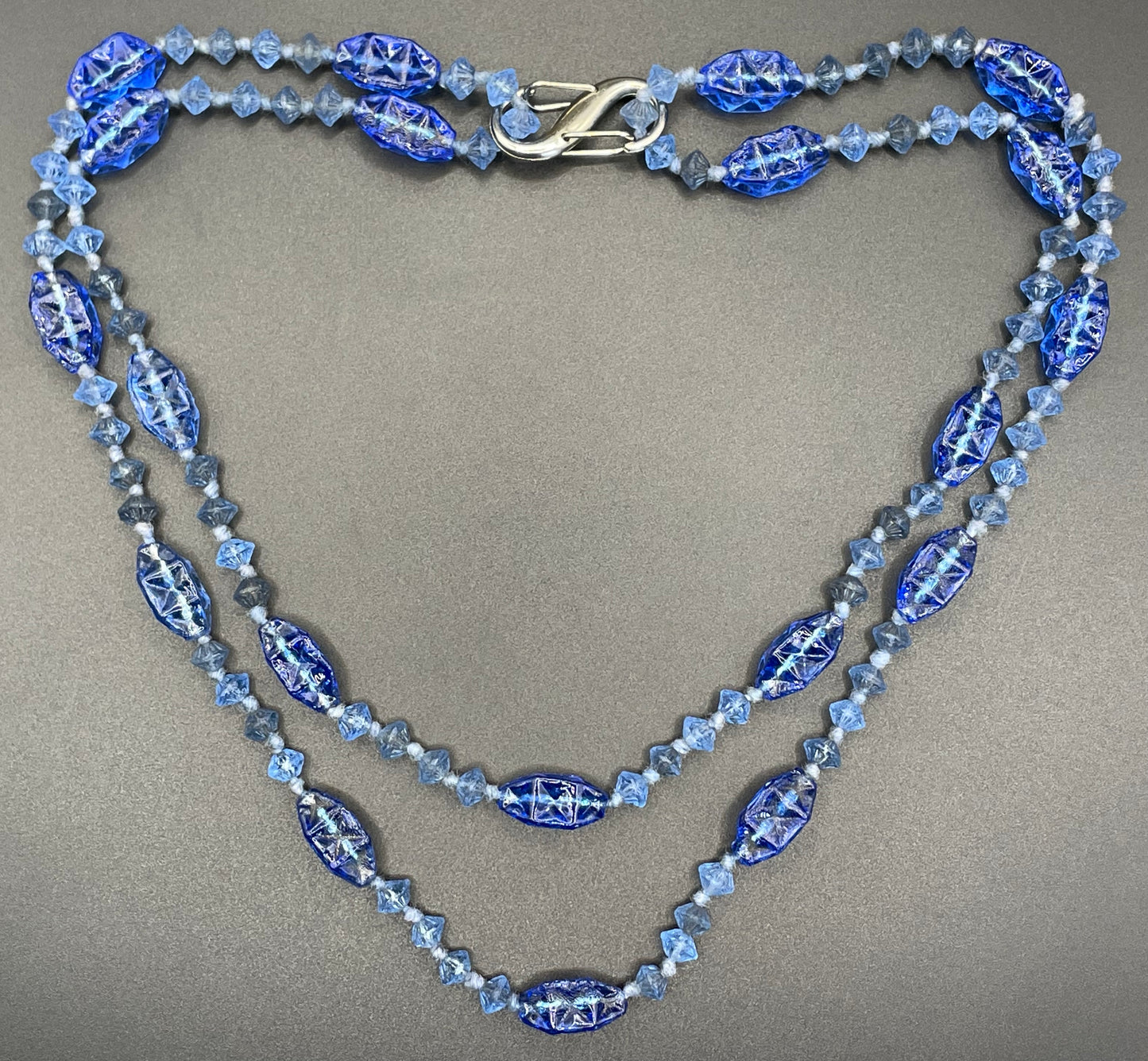 Vintage moulded pressed glass sapphire blue bead flapper necklace mid to longer length