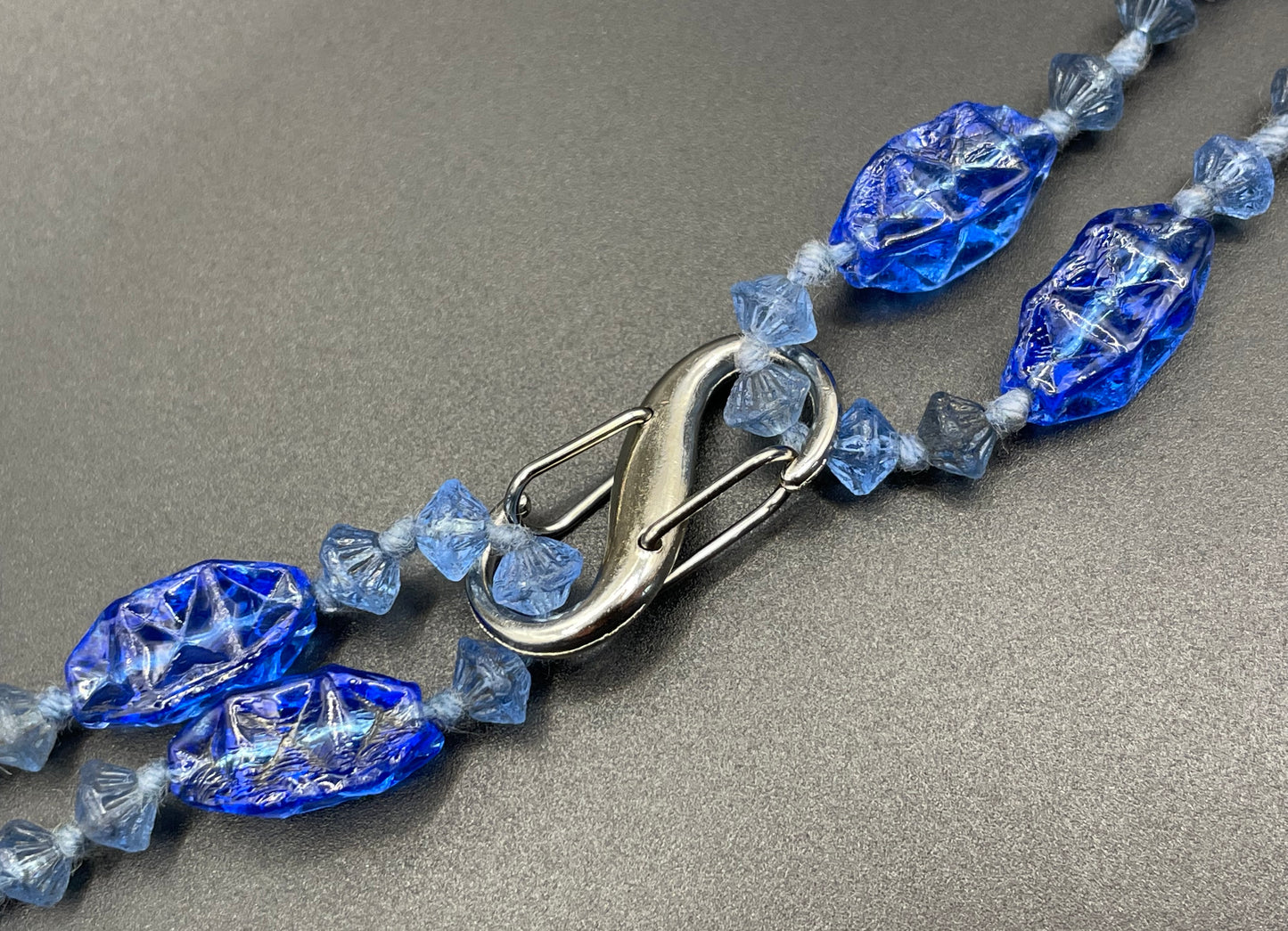Vintage moulded pressed glass sapphire blue bead flapper necklace mid to longer length