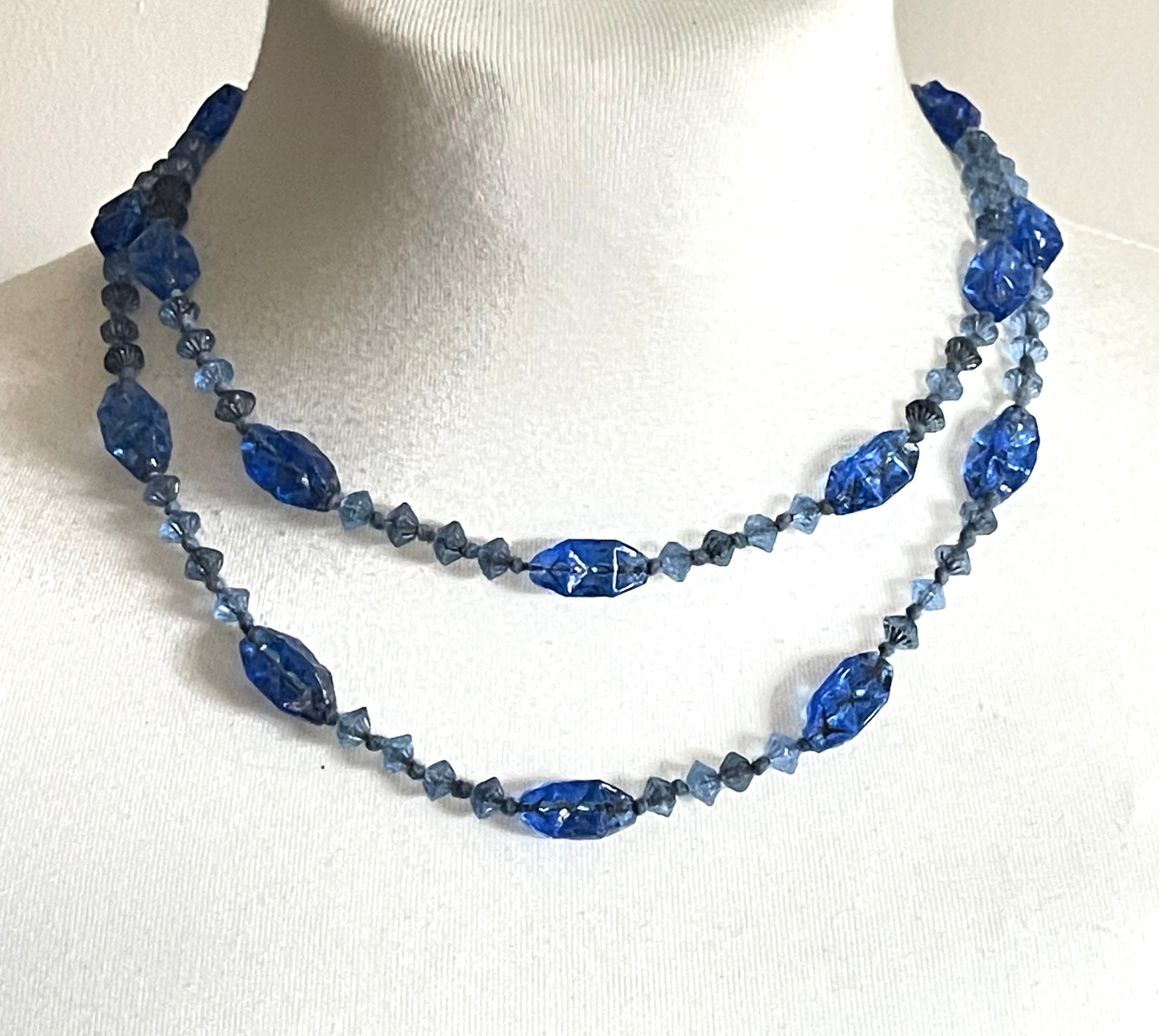 Vintage moulded pressed glass sapphire blue bead flapper necklace mid to longer length
