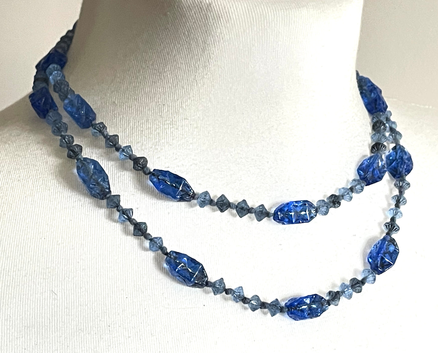 Vintage moulded pressed glass sapphire blue bead flapper necklace mid to longer length