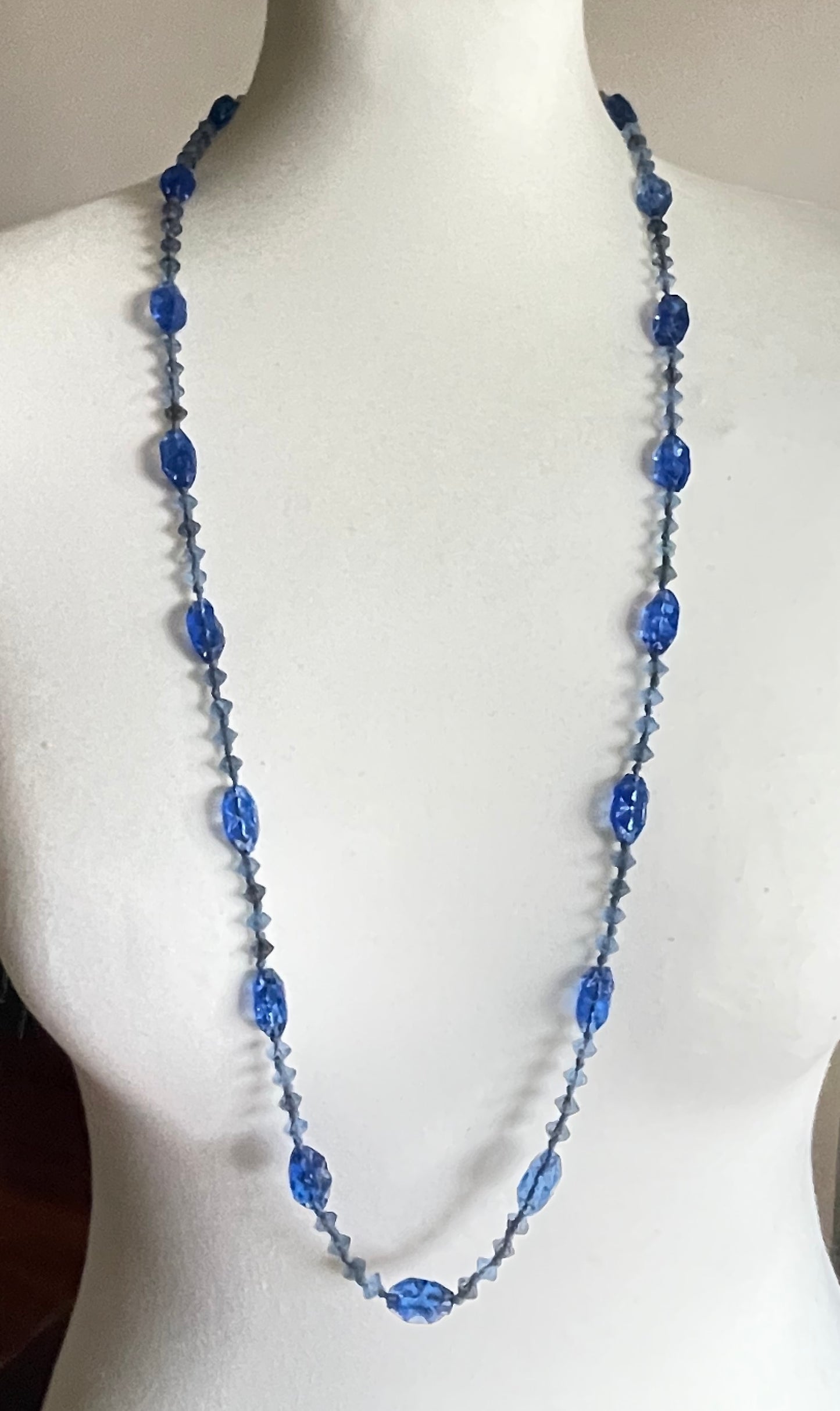 Vintage moulded pressed glass sapphire blue bead flapper necklace mid to longer length