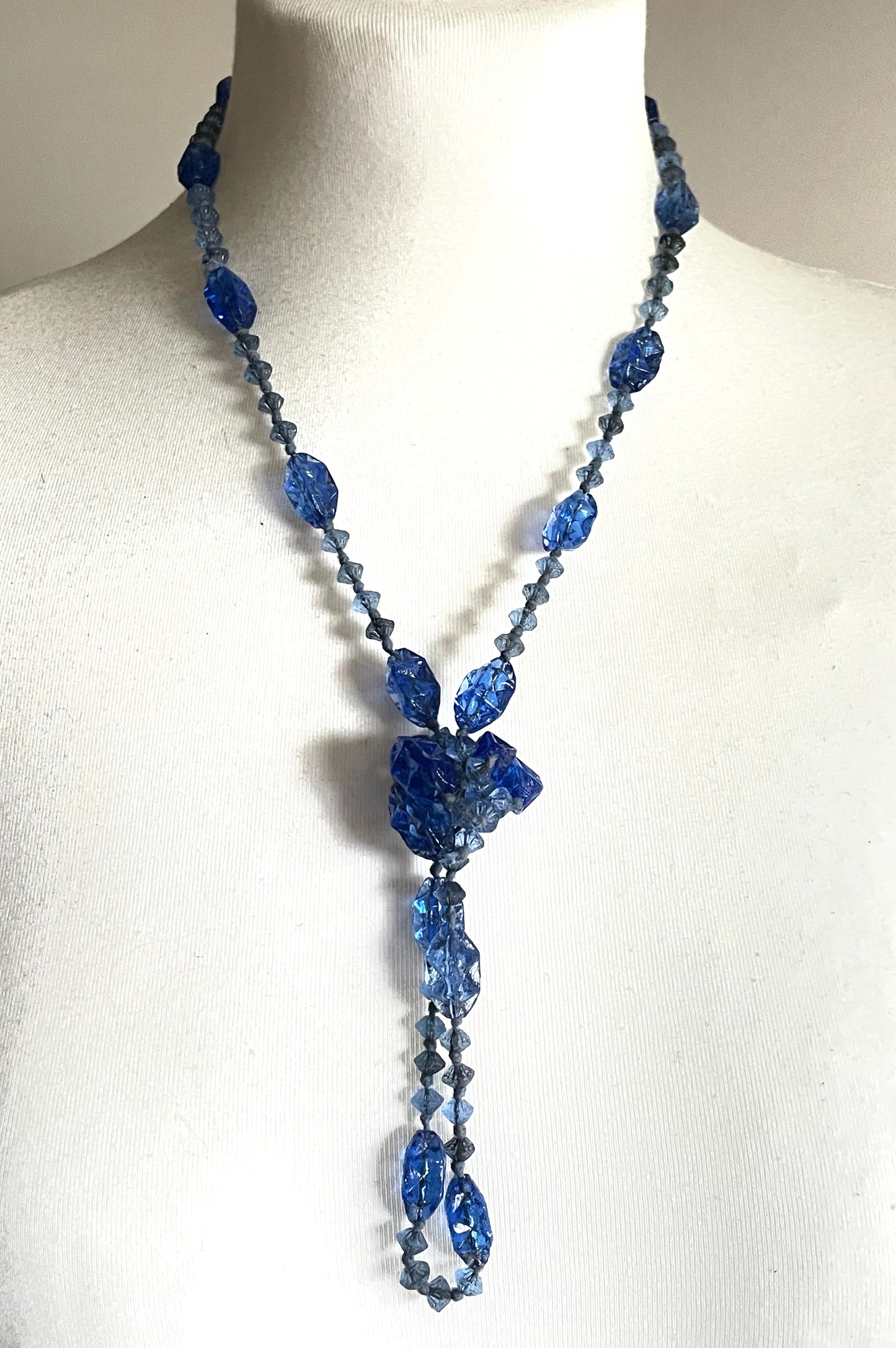 Vintage moulded pressed glass sapphire blue bead flapper necklace mid to longer length
