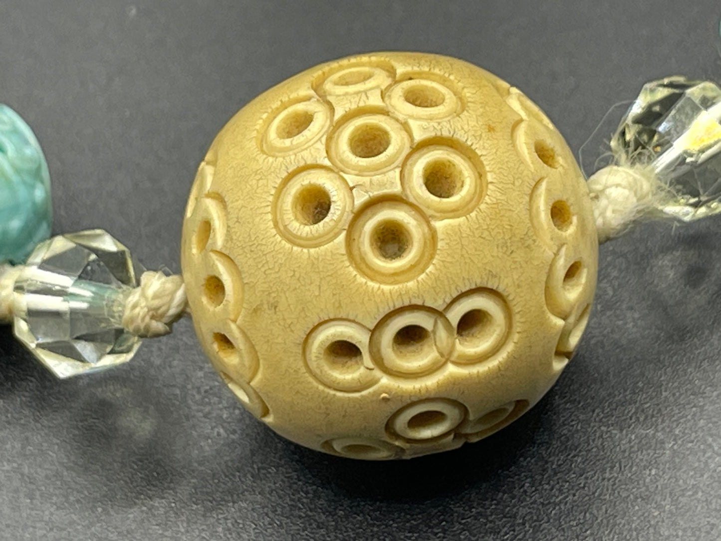 Vintage Art Deco moulded glass and carved cream galalith large bead necklace, pale blue, clear and citrine yellow / orange glass