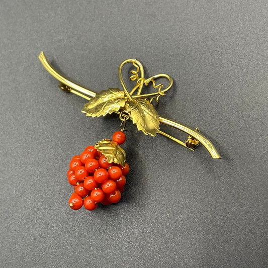 Vintage gold tone metal with red Mediterranean coral beads bunch of grapes bar brooch - stamped but not readable