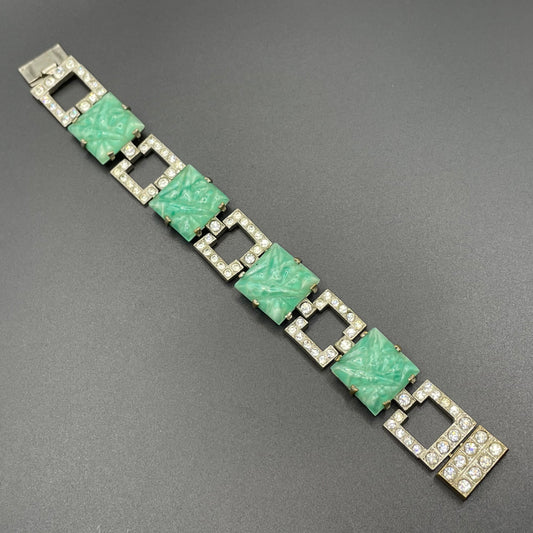 Vintage Art Deco green moulded glass, clear paste rhinestone and silver tone cocktail bracelet