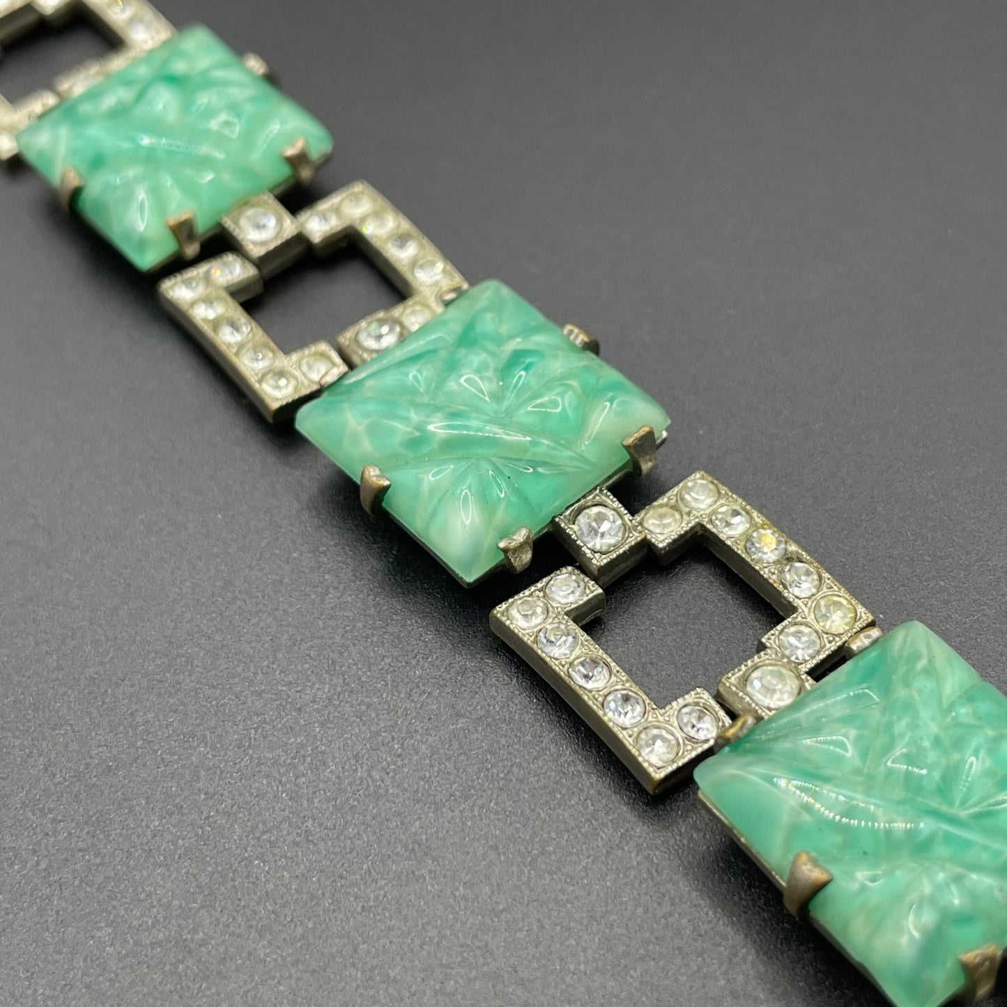 Vintage Art Deco green moulded glass, clear paste rhinestone and silver tone cocktail bracelet